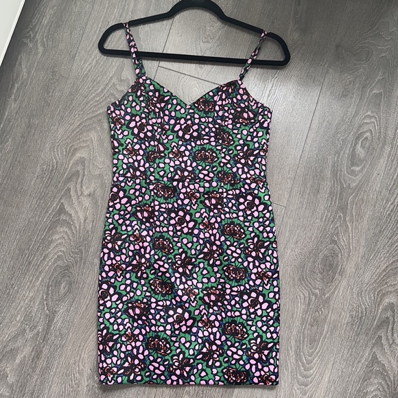 H&M fitted Floral satin mini dress green pink H&M size 8 - Picture 5 of 9
